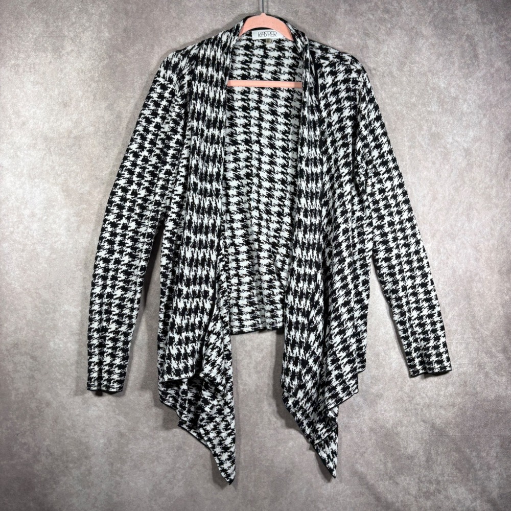 Kasper Cardigan Womens M Black Houndstooth Draped Open Front Long Sleeve Sweater